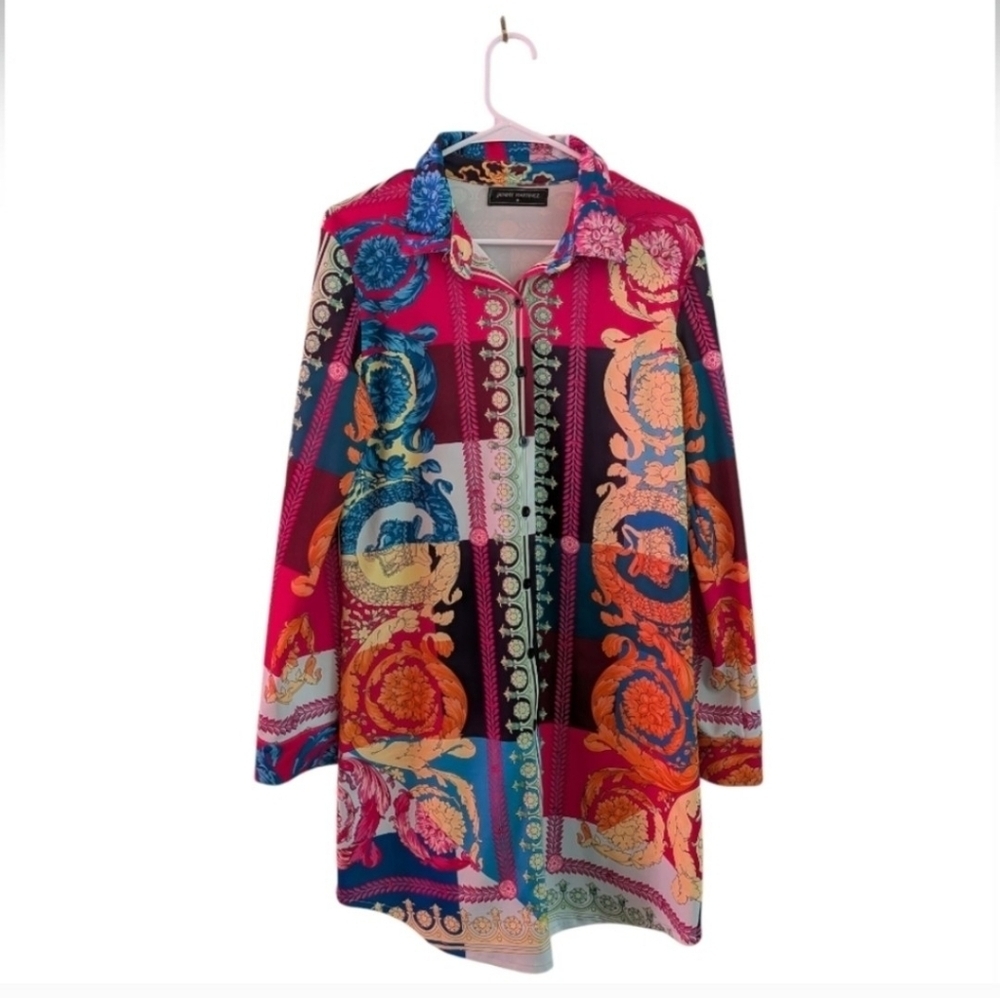 Jainmy Martinez Boho Print Tunic Shirt Dress Size M Long Sleeve Colorful Button - Picture 2 of 8